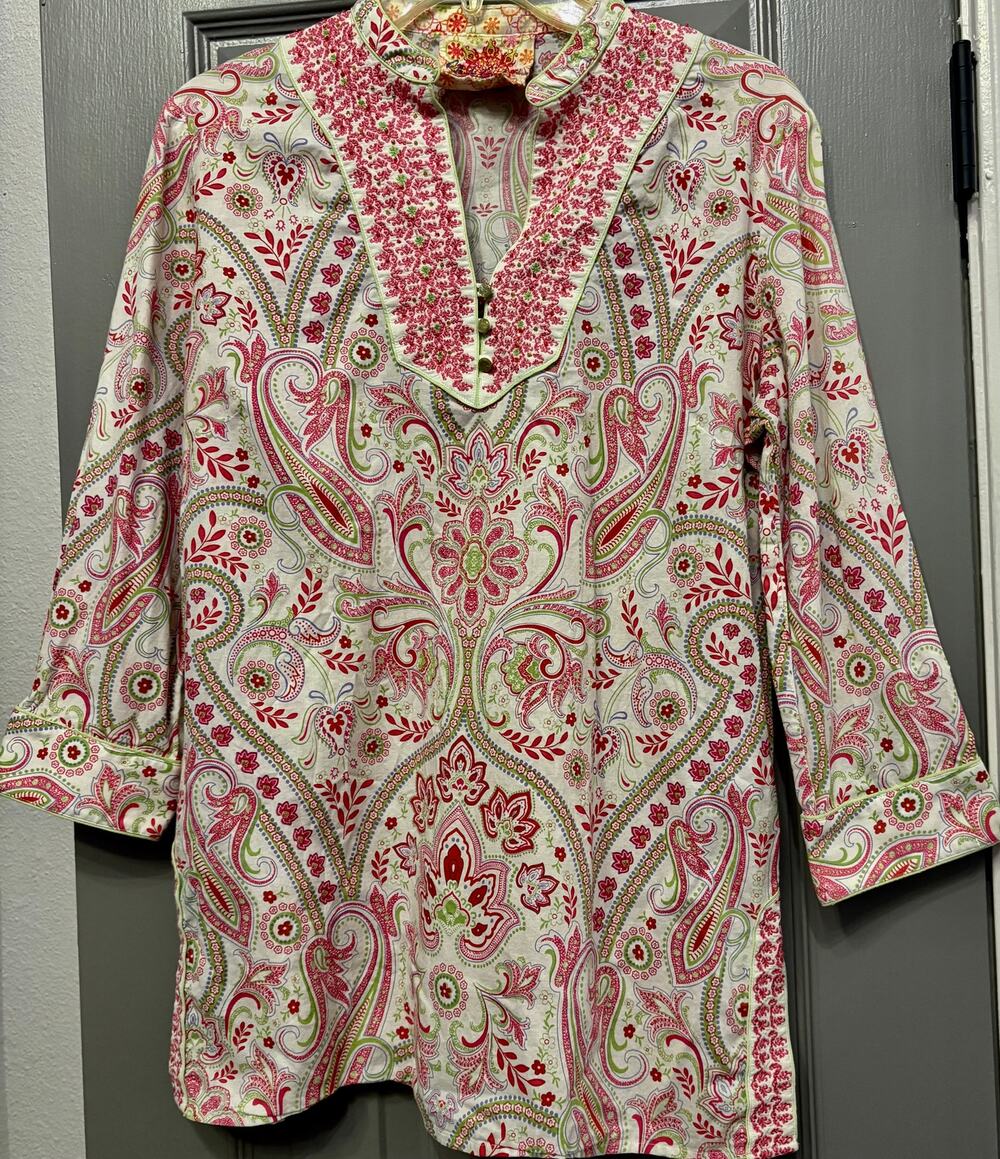 VTG ROBERT GRAHAM Pink Green PAISLEY TUNIC TOP 3/4 SLEEVES 100% COTTON M/L!
